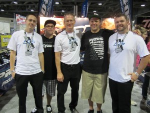 Inside the Pro-Line booth, from left to right: design engineer Matt Wallace, team driver Cody Turner, CEO Todd Mattson, team driver Cody King, and customer service rep Travis Brock